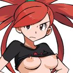 1girl areolae bloggerman breasts erect_nipples flannery long_hair nintendo nipples pokemon pokemon_(anime) ponytail red_eyes red_hair shirt_lift solo white_hair