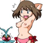 arm_behind_head arm_up bloggerman hand_behind_head haruka_(pokemon) manaphy may pink_swimsuit pokemon pokemon_(anime) porkyman smile sweatdrop swimsuit swimsuit_top_removed topless