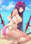 1girl alternate_costume anklet ass back barefoot beach big_breasts bikini blue_sky bracelet breasts cloud damda fate/grand_order fate_(series) feet female_only flower hair_flower hair_intakes hair_ornament hibiscus horizon jewelry long_hair looking_back nipples ocean outside partially_submerged pink_bikini purple_bikini purple_hair red_eyes scathach_(fate) scathach_(swimsuit_assassin) sky solo_female swimsuit topless water