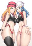 2girls adapted_costume alluring bare_shoulders beanie black_legwear blue_eyes blue_hair blush breasts brown_hair cowboy_shot eyebrows_visible_through_hair gradient_background hat highleg highleg_panties hikari_(pokemon) impossible_clothes impossible_shirt invitation large_breasts light_skin long_hair looking_at_viewer multiple_girls nagase_haruhito navel open_mouth parted_lips pink_panties pokemon pokemon_(game) pokemon_dppt pokemon_xy porkpie_hat red_hat red_panties red_scarf scarf serena serena_(pokemon) simple_background sleeveless sleeveless_shirt smile standing thighhighs