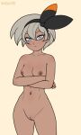 1girl 2019 areolae bea_(pokemon) breasts cowboy_shot crossed_arms dark_skin eyelashes female female_only game_freak grey_eyes grey_hair headband headgear high_resolution humans_of_pokemon looking_at_viewer navel nintendo nipples nude pokemon pokemon_(game) pokemon_sword_&_shield pussy revtilian short_hair simple_background small_breasts solo