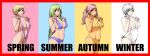 artist_request autumn bikini blue_bikini border character_request cleavage looking_at_viewer o-ring_bikini one-piece_swimsuit purple_bikini series_request sling_bikini smile spring summer swimsuit winter yellow_bikini