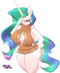 2017 anthro anthrofied blood blush breasts cleavage clothed clothing deusexequus duo equine friendship_is_magic furry horn large_breasts lying mammal my_little_pony nipple_bulge nosebleed princess_celestia_(mlp) sweater tail torn_clothing twilight_sparkle_(mlp) virgin_killer_sweater wardrobe_malfunction winged_unicorn wings