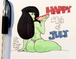  1girl 2017 4th_of_july american_flag_bikini ass black_hair bubble_butt callmepo eating food green_skin hot_dog kim_possible long_hair looking_back pinupsushi shego shiny shiny_skin sitting thong topless white_background 