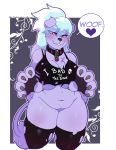 1girl 2017 5_fingers alternate_species anthro areola arnachy belly big_breasts blue_hair blush bottomless breasts canine chest_tuft claws clothed clothing cloud_chaser_(mlp) collar diamond_dog_(mlp) digital_media_(artwork) dog english_text eyebrows friendship_is_magic furry hair heart high_res huge_breasts legwear looking_at_viewer mammal multicolored_hair my_little_pony navel purple_sclera pussy shirt slightly_chubby stockings text thick_thighs tuft two_tone_hair underboob white_hair