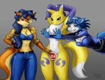 1girl 5_fingers anthro areola badge beauty_mark belt black_nose black_sclera blue_eyes blue_fur blue_hair blush breasts brown_eyes canine carmelita_fox clothed clothing convenient_censorship covering crossover digimon dipstick_ears dipstick_tail ear_piercing eyebrows eyelashes fingerless_gloves fox fur furry gloves group hair hand_on_hip heresy_(artist) krystal long_hair mammal midriff multicolored_tail navel nintendo nude piercing raised_arm renamon short_hair sly_cooper_(series) star_fox teeth video_games white_fur wide_hips yellow_fur