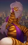 1girl 1girl 2017 anthro big_breasts breasts buxbi buxbi_(character) city clothed clothing dress feline furry hair looking_at_viewer looking_back mammal rear_view signature skimpy standing thick_thighs tiger watermark white_hair yellow_eyes