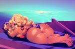 1girl 2017 anthro ass bandicoot barefoot big_ass blonde_hair breasts crash_bandicoot_(series) eyeshadow feet furry green_eyes hair lipstick long_hair looking_at_viewer looking_back lying makeup mammal marsupial on_front one_eye_closed riendonut sideboob tawna_bandicoot video_games wink