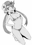 :d bikini blush breasts feet flower hair_ornament hand_on_hip hands_on_hips headband long_hair looking_at_viewer mallow mallow_(pokemon) mao_(pokemon) monochrome navel on_knees pokemon pokemon_sm sitting smile tamagoroo_(funifuni_labo) white_background