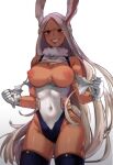 1girl animal_ears bunny_ears bunny_tail face female_only female_solo gloves high_resolution hips legs long_hair miruko_(boku_no_hero_academia) my_hero_academia nude partially_clothed presenting presenting_breasts red_eyes smile standing tail tearing_clothes torn_clothes trickytrain_art white_background white_hair