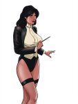 1_girl 1girl batman_(series) big_breasts black_hair blue_eyes breasts brunette clothed dc dc_comics female female_only female_solo japes justice_league long_hair magician smile solo standing white_background zatanna zatanna_zatara