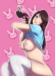  1girl 1girl 1girl areola artist_name breasts brown_eyes brown_hair d.va_(overwatch) facial_mark gradient gradient_background gun hana_song lips long_hair looking_at_viewer medium_breasts mole nipples overwatch shirt shirt_lift sitting smile stockings weapon yok 