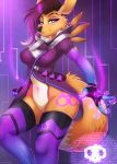 1girl 2017 anthro breasts chloe-dog chloe-dog_(artist) clothing coat cosplay digimon dipstick_tail eyebrows eyelashes eyeshadow fingerless_gloves fluffy_tail fur furry gloves hologram legwear looking_at_viewer makeup multicolored_tail overwatch pussy renamon science_fiction sombra_(overwatch) stockings tattoo video_games yellow_fur