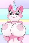 1girl 1girl :3 anthro big_breasts big_nipples blue_eyes breasts cute eyelashes feline fur furry high_res horn hybrid lego mammal navel nipples pink_fur pink_nose presenting presenting_breasts quin-nsfw smile the_lego_movie unikitty warner_brothers white_fur