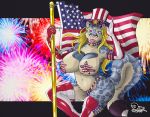 1girl 4th_of_july american_flag american_flag_print anthro armwear big_breasts blonde_hair blue_fur breasts clothing digital_media_(artwork) duo_(artist) ear_piercing elbow_gloves feline fireworks flag fluffy_tail fur furry gloves hair hat high_res hoop_earrings huge_breasts legwear leopard long_hair mammal pasties piercing pubic_hair snow_leopard star_pasties stars_and_stripes stockings thong tiffany_valentine top_hat united_states_of_america voluptuous wide_hips