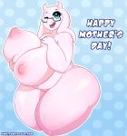  1girl 2016 anthro big_breasts boss_monster breasts caprine english_text furry goat happy_mother&#039;s_day high_res holidays horn huge_breasts hyper hyper_breasts long_ears mammal milf mother&#039;s_day nipples nude one_eye_closed open_mouth overweight parent somescrub text thick_thighs toriel undertale video_games 