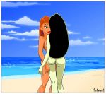  2_girls art ass beach black_hair breasts brown_hair female_only fnbman green_eyes green_skin kim_possible kimberly_ann_possible lips lipstick long_hair looking_at_another love makeup multiple_girls mutual_yuri nude ocean public_nudity red_lipstick redhead shego sky smile standing yuri 