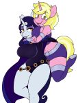 1girl 2017 2_girls absurd_res alpha_channel anthro anthrofied big_breasts blonde_hair breasts cleavage clothed clothing cosplay duo equine female_only friendship_is_magic furry hair high_res horn hugging liptick mammal moonlight_raven my_little_pony raven_(cosplay) raven_(dc) simple_background starfire starfire_(cosplay) stunnerpony sunshine_smiles teen_titans transparent_background unicorn