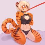 1girl 2017 abs anthro begging bell bell_collar blonde_hair blush bra breasts cleavage_cutout clothing collar ear_piercing eyebrows eyelashes feline front_view fur furry hair industrial_piercing inner_ear_fluff kneel leash looking_up mammal navel orange_fur original original_character panties piercing pink_eyes short_hair simple_background striped_fur stripes tacoyaki tan_fur tiger underwear