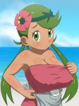  1girl alternate_breast_size apron apron_aside bangs bare_shoulders beach big_breasts blue_sky blush breasts brown_skin cleavage closed_mouth clothed cloud dark_skin day erect_nipples flower flower_on_head green_eyes green_hair hair_flower hair_ornament headband highres huge_breasts large_breasts long_hair looking_at_viewer mallow mallow_(pokemon) mao_(pokemon) nintendo ocean pink_shirt pokemon pokemon_(game) pokemon_sm pout shirt shirt_pull sky sleeveless sleeveless_shirt solo swept_bangs trial_captain twintails 