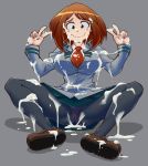 1girl 1girl absurd_res ass big_breasts black_legwear blush_stickers boku_no_hero_academia breasts brown_eyes brown_hair bukkake closed_mouth clothed_sex cum cum_on_body cum_on_breasts cum_on_clothes cum_on_lower_body cum_on_upper_body cum_string double_v facial full_body grey_background high_res long_sleeves looking_at_viewer my_hero_academia neck_tie ochako_uraraka panties pantyhose pantyshot patrickdja pleated_skirt school_uniform sex shoes simple_background sitting skirt smile spread_legs underwear upskirt uraraka_ochako v wavy_mouth