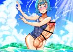 blue_swimsuit blush freckles futanari lana looking_at_viewer one-piece_swimsuit penis pokemon pokemon_sm porkyman smile suiren_(pokemon) swimsuit water
