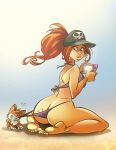 1girl ass ass_crack beach bikini black_eyes bubble_butt closed_eyes coppertone dog embarrassing feet long_hair looking_back looking_down nintendo_3ds ponytail pulling red_hair shiny shiny_skin video_game