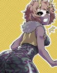 1girl ashido_mina ass bangs bare_shoulders black_sclera boku_no_hero_academia breasts buttons checkered checkered_background clenched_teeth clothed cowboy_shot domino_mask from_side fur_trim horns looking_at_viewer looking_back mask mina_ashido my_hero_academia nasubino open_clothes open_vest outline pink_hair purple_skin short_hair skin_tight surprised teeth unitard vest yellow_background yellow_eyes