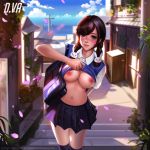 1:1_aspect_ratio 1_girl 1girl alternative_bust_size arm_behind_back bag bangs big_breasts braid breasts brown_eyes brown_hair character_name cherry_blossom d.va facial_mark flashing hana_song handbag high_resolution large_filesize liang_xing long_hair nipples overwatch patreon_reward salute school_uniform shirt_lift skirt sweater_vest swept_bangs tied_hair twin_braids uncensored very_high_resolution whisker_markings