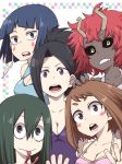 5girls asui_tsuyu bangs black_eyes black_hair black_sclera brown_eyes brown_hair clothed eyelashes frog_girl green_eyes hair_between_eyes high_res horns jiro_kyoka long_hair majimelon mina_ashido momo_yaoyorozu monster_girl multiple_girls my_hero_academia ochako_uraraka red_hair teeth tongue tongue_out tsuyu_asui uraraka_ochako