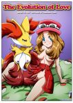 bbmbbf bed blush breast comic delphox hair_over_breasts medium_breasts nintendo nipples no_panties palcomix pokemon pokemon_(game) pokemon_xy pokepornlive pussy serena serena_(pokemon) sitting smile the_evolution_of_love topless