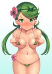 areolae bare_shoulders bikini blue_background blush cameltoe cowboy_shot embarrassed flying_sweatdrops frown gradient gradient_background green_bikini halterneck looking_at_viewer mallow mallow_(pokemon) mao_(pokemon) micro_bikini nose_blush pokemon pokemon_(game) pokemon_sm snowcanvas string_bikini sweatdrop thigh_gap white_background