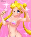 1_girl 1girl alluring bikini bishoujo_senshi_sailor_moon blonde blonde_hair blue_eyes breasts earrings eyebrows_visible_through_hair female female_only ice_cream ice_cream_cone long_blonde_hair long_hair long_twintails looking_at_viewer micro_bikini mostly_nude one_eye_closed sailor_moon solo tsukino_usagi twin_tails usagi_tsukino zel-sama