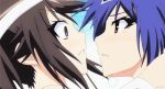  2girls anime babe blue_hair blush brown_hair closed_eyes exstar eye_contact female female_only friends gif kikaijima_mogana kissing kurokami_medaka long_hair looking_at_another love medaka_box medaka_kurokami mogana_kikaijima multiple_girls surprised yuri 