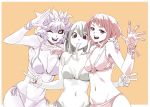  1girl 3_girls :d ;d absurd_res archvermin arm_around_shoulder ashido_mina asui_tsuyu big_breasts bikini black_sclera blush boku_no_hero_academia breasts cleavage double_v groin high_res long_tongue looking_at_viewer mina_ashido monster_girl multiple_girls multiple_monochrome muted_color my_hero_academia navel ochako_uraraka one_eye_closed open_mouth orange_background red_eyes red_hair short_hair side-tie_bikini smile swimsuit tongue tongue_out tsuyu_asui uraraka_ochako v yellow_eyes 