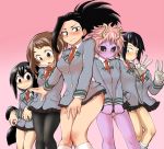  &gt;:( 6+girls :&gt; asui_tsuyu bangs black_eyes black_hair black_legwear black_sclera blazer blunt_bangs blush body_blush breasts brown_eyes brown_hair buttons collared_shirt covering covering_crotch double_v earbuds earphones embarrassed frown gloves gradient gradient_background grey_panties hagakure_tooru hand_in_pocket hips horns invisible jiro_kyoka kneehighs light_smile lineup long_hair long_sleeves looking_at_viewer looking_down microskirt mina_ashido momo_yaoyorozu monster_girl multiple_girls my_hero_academia neck_tie nose_blush ochako_uraraka panties pantyhose pantyshot pantyshot_(standing) parted_bangs pink_background pink_hair pleated_skirt pocket ponytail printed_panties purple_skin school_uniform shirt short_hair sidelocks skirt skirt_tug small_breasts standing suzurino tooru_hagakure tsuyu_asui underwear uraraka_ochako v very_long_hair white_gloves white_legwear white_panties yellow_eyes 