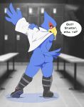 1_anthro 1_boy 1_male 2015 anthro anthro_only ass avian backsack beak bench bird blue_balls blue_eyes blue_feathers blush boots bottomless clothed clothing depth_of_field detailed_background dialogue digital_media_(artwork) dressing english_text eye_markings eyebrows falco_lombardi feathers footwear furry highres inside jacket locker locker_room looking_at_viewer looking_back male male_anthro markings nintendo nude open_mouth permavermin raised_heel rear_view shadow solo speech_bubble standing star_fox tail_feathers talking_to_viewer testicles text tongue video_games voyeur