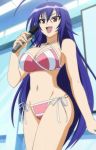  1girl :d anime babe big_breasts bikini blue_hair breasts brown_eyes criss-cross_halter kurokami_medaka long_hair medaka_box medaka_kurokami microphone open_mouth side-tie_bikini smile swimsuit 