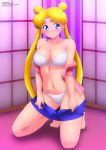 1girl alluring bishoujo_senshi_sailor_moon blonde blonde_hair blue_eyes bra breasts eyebrows_visible_through_hair female female_only kneel long_blonde_hair long_hair long_twintails looking_at_viewer mostly_nude open_shirt panties sailor_moon shirt skirt skirt_around_legs solo toonami tsukino_usagi twin_tails undressing usagi_tsukino zel-sama