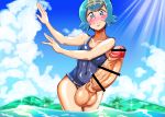 blue_swimsuit blush freckles futanari lana looking_at_viewer one-piece_swimsuit penis pokemon pokemon_sm porkyman smile suiren_(pokemon) swimsuit water