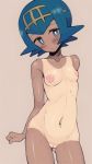 1girl arms_behind_back blue_eyes blue_hair blush breasts cleft_of_venus contrapposto cowboy_shot embarrassed freckles inverted_nipples lana looking_at_viewer matching_hair/eyes motsu_aki navel nipples nude one-piece_tan pokemom_sm pokemon pokemon_(game) pokemon_sm pussy short_hair simple_background small_breasts solo standing suiren_(pokemon) sweat sweatdrop sweating tan tan_line uncensored