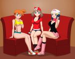 alluring big_breasts breasts cleavage couch dawn empty_eyes female happy_trance haruka_(pokemon) hikari_(pokemon) jimryu jimryu_(artist) kasumi_(pokemon) may mind_control misty pokemon pokemon_(anime) sitting smile underboob