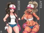 areolae before_after before_and_after big_breasts cleavage condom fellatio_gesture hand_on_hip happy hilda poke_ball pokemon pokemon_(game) pokemon_bw porkyman revolverwingstudios smile touko_(pokemon) used_condom vibrator yellow_bikini yellow_swimsuit