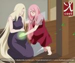 2_girls blonde_hair closed_eyes green_eyes hand_on_belly in_pain ino_yamanaka looking_down naruto naruto_shippuden pain photoshop pink_hair pregnant pregnant_belly pregnant_female sakura_haruno very_long_hair xcaeli