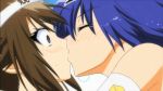  2girls anime babe blue_hair blush brown_hair female female_only friends kikaijima_mogana kissing kurokami_medaka long_hair looking_at_another love medaka_box medaka_kurokami mogana_kikaijima multiple_girls surprised sweat sweatdrop tears yuri 