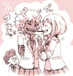  1boy 2_girls ashido_mina bad_id boku_no_hero_academia closed_eyes duo_focus female female_focus josie-irie_(mosamosapanda) lowres male mina_ashido mineta_minoru minoru_mineta monochrome monster_girl multiple_girls my_hero_academia ochako_uraraka pocky pocky_kiss school_uniform shared_food short_hair smile trio uraraka_ochako 