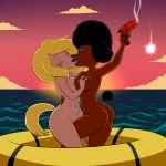  1girl 2017 afro american_dad anthro areola ass black_hair blonde_hair breast_fondling breast_squish breasts canine closed_eyes dog duo eyeshadow female/female flare_gun fondling furry golden_retriever hair hand_on_breast kissing lonbluewolf makeup mammal nipples penny_(american_dad) poodle pussy raft sea trish_(american_dad) water 