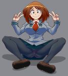 1girl 1girl absurd_res ass big_breasts black_legwear blush_stickers boku_no_hero_academia breasts brown_eyes brown_hair closed_mouth double_v full_body grey_background high_res long_sleeves looking_at_viewer my_hero_academia neck_tie ochako_uraraka panties pantyhose pantyshot patrickdja pleated_skirt school_uniform shoes simple_background sitting skirt smile spread_legs underwear upskirt uraraka_ochako v wavy_mouth