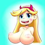 1girl aged_up areolae bare_shoulders blonde_hair blue_eyes devil_horns fuppyjr horns huge_breasts inverted_nipples large_breasts long_hair nipples open_mouth puffy_areolae puffy_nipples simple_background solo star_butterfly star_vs_the_forces_of_evil upper_body