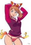  :d arms_behind_head artist_name hands_behind_head haruka_(pokemon) haruka_(pokemon)_(remake) looking_at_viewer may panties pokemon pokemon_(game) pokemon_oras red_panties side-tie_bikini signature simple_background smile typo_(requiemdusk) underwear white_background 